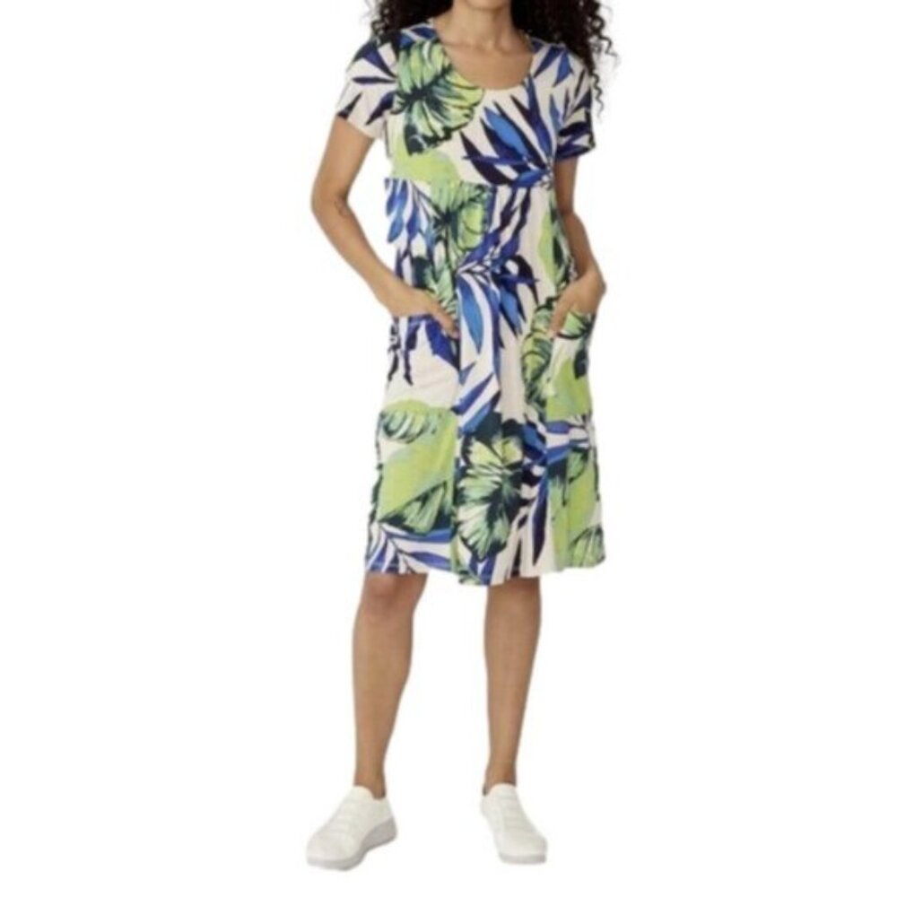New Marallis Tropical Floral Knee Length Short Sleeve Dress Size Medium bin 4C
